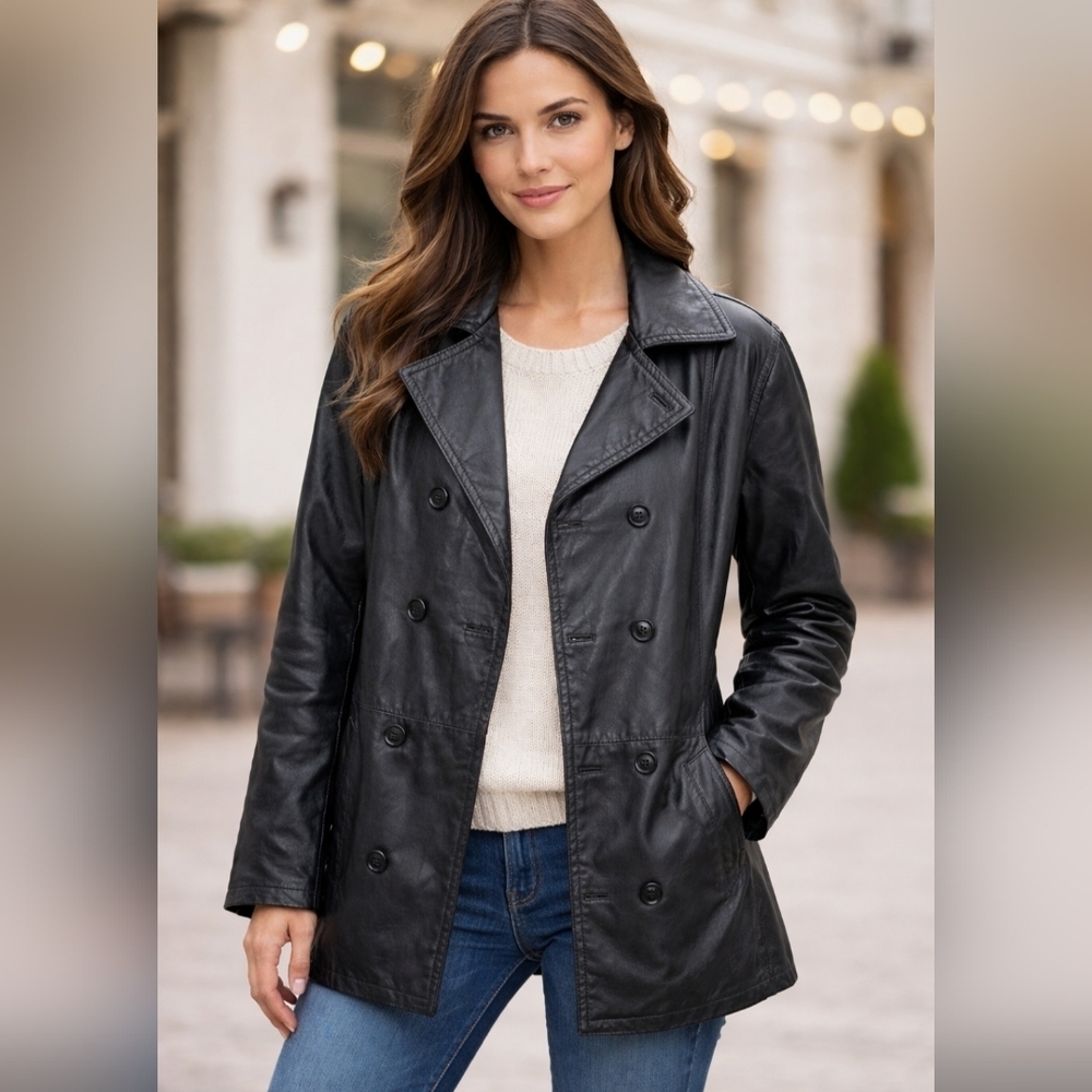 Irvine Park Size M 100% Polyester Women's Black Double-Breasted Leather Jacket